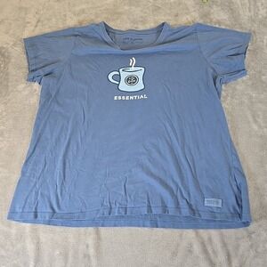 Life Is Good Shirt Womens XL Blue Coffee Cup Mug Essential Funny caffeine